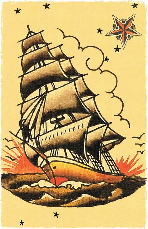 Photo Traditional Tattoo Art Black, Traditional Nautical Tattoo, Traditional Sailor Tattoos, Traditional Ship Tattoo, Berg Tattoo, Sailor Jerry Tattoo Flash, Pirate Ship Tattoo, Navy Boat, Traditional Black Tattoo