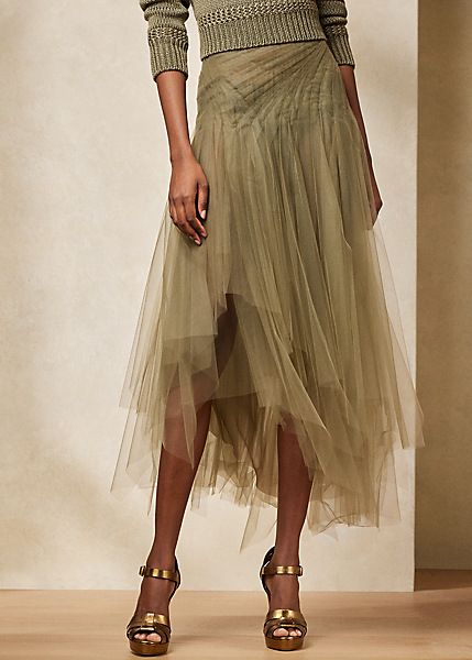 Cliona Asymmetrical Tulle Skirt for Women | Ralph Lauren® UK Ralph Lauren Skirt, Tule Rok, Georgette Skirt, Peasant Skirt, Ralph Lauren Skirts, Floral Pleated Skirt, Tulle Midi Skirt, Women Ralph Lauren, Womens Maxi Skirts