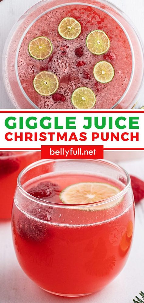 Santa's Giggle Juice Christmas Punch is a cross between a drink and a dessert! So delicious and festive for kids and the entire family, with alcohol and non-alcoholic options. All you need is four ingredients and a couple minutes! Christmas Punch Ideas Alcoholic, Christmas Jingle Juice, Christmas Adult Drinks Easy, Best Christmas Punch Recipes Alcholic, Adult Christmas Punch Alcohol, Easy Christmas Alcoholic Punch, Christmas Juice Recipe, Christmas Boozy Punch, Christmas Drinks For Adults Pitcher