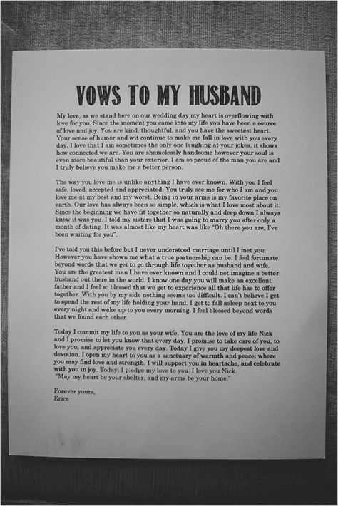 wedding vows to my husband... Prior to the ceremony Nick and Erica chose to exchange longer personal written vows during their first look. It was the most intimate and touching moment and set the tone for the emotional and romantic day. Vows To My Husband, Vows To Husband, Wedding Vows Quotes, Vows Quotes, Vow Examples, Best Wedding Vows, Wedding Vows Examples, Wedding Vows To Husband, Wedding Hacks