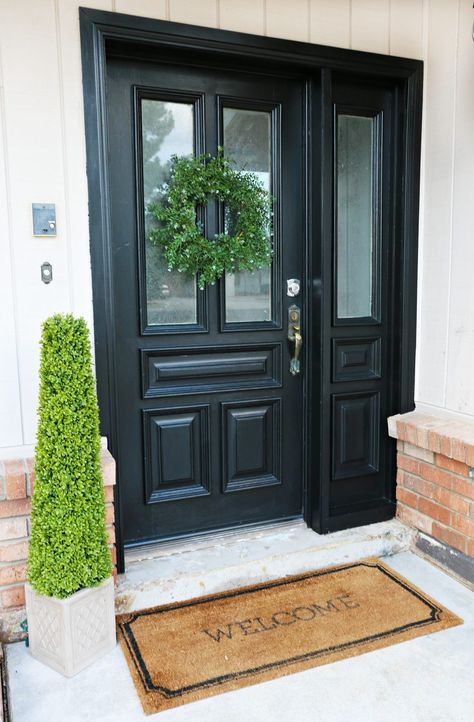 Update your curb appeal for under $10 in under 1 hour! - www.classyclutter.net Black Front Door With Sidelights, Black Front Door, Front Door Inspiration, Front Door Styles, Front Door Makeover, Black Front Doors, Door Entry, Door Inspiration, Front Door Entrance