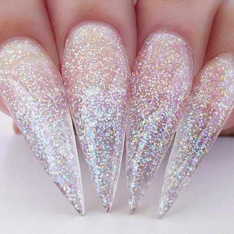 nail designs long korean Holographic Glitter Nails, Kiara Sky, Sky Nails, White Glitter Nails, Glitter Gel Polish, Long Lasting Nails, Dip Powder Nails, Dipped Nails, Prom Nails