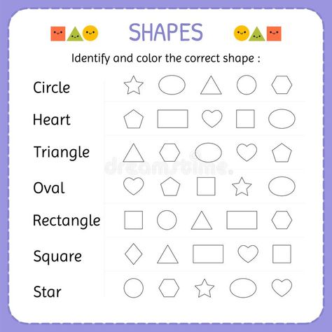 Identify and color the correct shape. Learn shapes and geometric figures. Preschool or kindergarten worksheet. Vector illustration royalty free illustration Shapes Worksheet Kindergarten, Learn Shapes, Creative Worksheets, Shape Chart, English Learning Books, Printable Shapes, Pattern Worksheet, Preschool Colors, Shapes Preschool