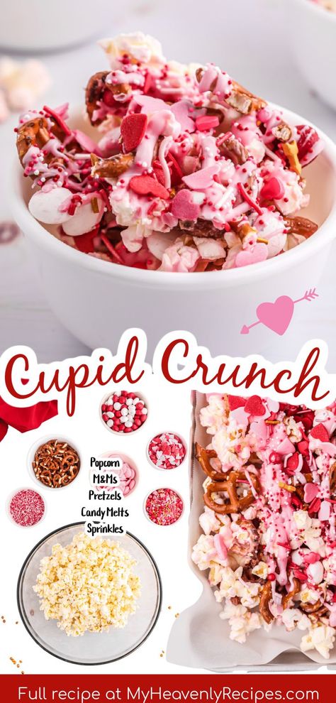 Cupid Crunch, Easy Valentines Snacks, Valentines Party Food, Valentines Recipes Desserts, Popcorn Mix, Valentines Snacks, Valentines Baking, Valentine Desserts, Valentines Day Desserts