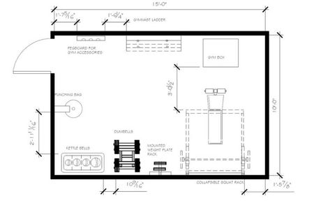 150 Square Foot Home Gym: Free Floor Plan & Equipment List | PowerliftingTechnique.com Home Gym Dimensions, Home Gym Layout, Home Gym Basement, Free Floor Plans, Home Gym Flooring, Gym Room At Home, Gym At Home, Home Gyms, Medicine Balls