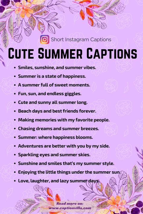 A collection of cute and colorful summer-themed illustrations with text captions showcasing cute summer captions for Instagram. Cutie Caption For Instagram, Summer Post Captions, Cute Summer Captions, Vsco Captions, Summer Captions For Instagram, Captions For Instagram 2023, Caption Post, Instagram Captions Family, Fashion Captions