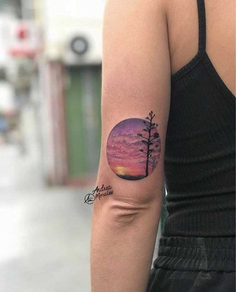 Realistic circular landscape and beautiful sunset tattoo on the back of the left arm by Andrea Morales Sunrise Tattoo Color, Tahoe Tattoo, Ogham Tattoo, Sunrise Tattoo, Sunset Tattoo, Tattoo Diy, Sunset Tattoos, Tattoo For Son, Sun Tattoos