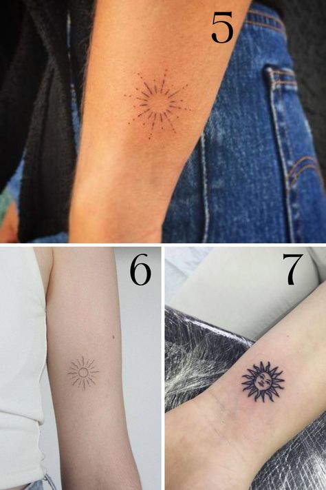 23 Sizzling Sun Tattoo Ideas + Designs - Tattoo Glee Moon And Sun Tattoo Meaning, Sun And Moon Tattoo Meaning, Sunshine Tattoo Ideas, Tiny Sun Tattoo, Moon Tattoo Meaning, Sun Tattoo Meaning, Simple Sun Tattoo, Moon And Sun Tattoo, Rising Sun Tattoos