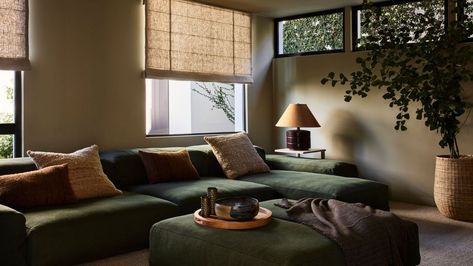 Colors That Go With Olive Green — From Neutrals to Bold Statements and Everything in Between Santa Barbara House, Peaceful Interior, Color Sofa, Modern Remodel, Cozy Den, Mid Century Modern Living, Design Del Prodotto, Modern Furniture Living Room, Media Room