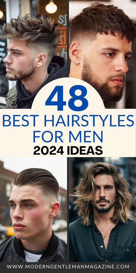 Check out the 48 best men’s hairstyles to try this year! From trendy medium-length cuts to classic short styles, this guide covers versatile looks for any hair type and aesthetic preference. Find your next hairstyle inspiration here! #MensHairstyles #HaircutTrends #MenStyleIdeas #Grooming Long Hair Buzzed Side Men, Pushed Forward Hair Men, Medium To Long Length Haircut Men, Hood Hairstyles Men, Men’s Wedding Haircut, Men’s Haircut High Forehead, Men's Shoulder Length Hairstyles, Hair Styles Medium Length Men, Sharp Haircuts Men