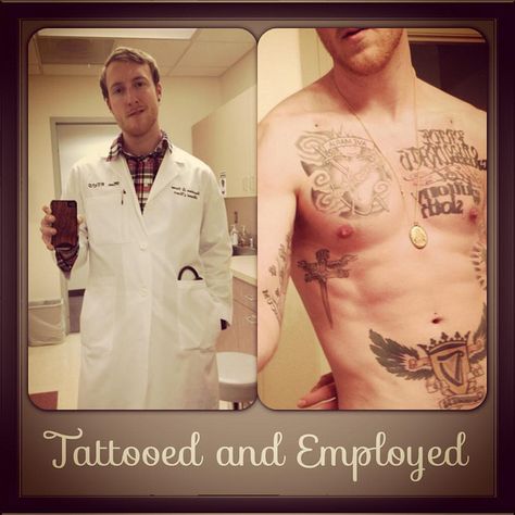 That whole dress for success thing. Does the white coat guarantee the best care? Chest Tattoo Writing, Healthcare Tattoo, Tattoos In The Workplace, Doctor Tattoo, Places To Get Tattoos, Tatted Men, Medical Tattoo, Magic Tattoo, Tattoos For Black Skin