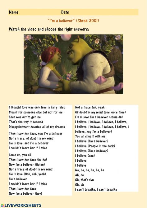 Fill In The Blank Songs Lyrics, Esl Songs Worksheets, Song Worksheet, Ell Resources, Classroom Songs, English Time, Songs For Kids, English Exercises, English Games