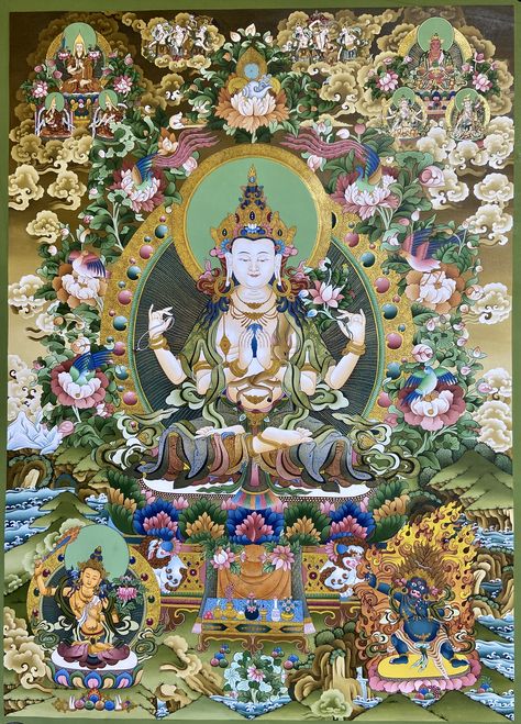 #art #newari #crafts #paubha #tibetan #gold #himalayan #compassion #buddha #avalokiteswor #sacred #spiritual Buddha Canvas Art, Tara Goddess, Buddhist Artwork, Buddhist Iconography, Tibetan Buddha, Thangka Art, Buddha Canvas, Ancient Paintings, Thangka Painting