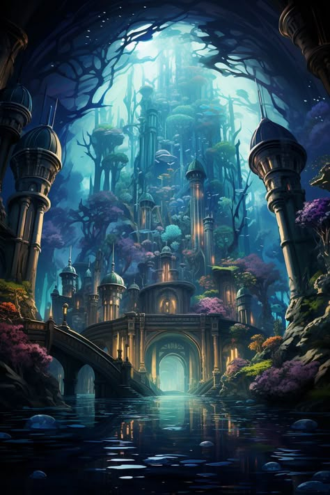 Underwater Palace, Fantasy Landscape Art, World Underwater, Underwater Kingdom, Background Fantasy, Art Niche, Lost City Of Atlantis, Fantasy Architecture, Sunken City