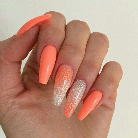 pretty Coral coffin shaped with just a hint of silver and gold glitter to accent Summer Holiday Nails, Orange Acrylic Nails, Holiday Acrylic Nails, Image Nails, Nails Opi, Coral Nails, Trendy Nail Art, Web Images, Orange Nails