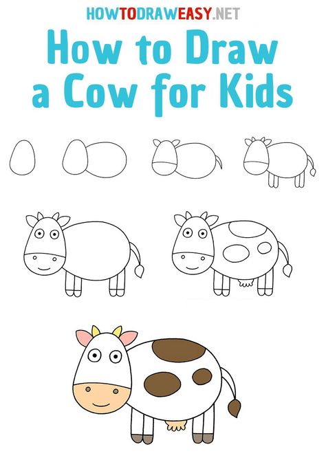 How to Draw a Cow for Kids - How to Draw Easy Draw A Cow, Trin For Trin Tegning, Dibujo Simple, Cow Drawing, Drawing Lessons For Kids, Easy Drawings For Kids, Easy Doodle Art, Homeschool Art, Easy Doodles Drawings