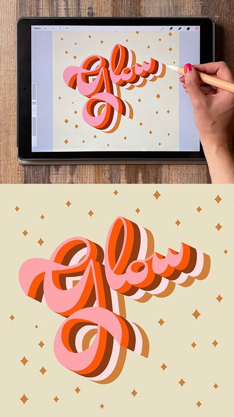 Learn how to create 70s style hand lettering and decoration on your iPad in Procreate from start to finish. We’ll cover everything you need to know to add the kind of bold color, drastic variation, and playful decorations that were so popular in the 70s and are now popping up all over in the design world on stationary, clothing, home decor. Digital Lettering Ideas, Hand Lettering Procreate, Lettering In Procreate, Procreate Lettering Ideas, Pro Create Ideas, Pro Create Tutorials, Ipad Art Ideas, Procreate Doodle Ideas, Procreate Graphics