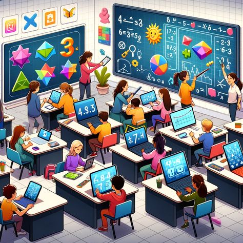 Students using laptops and tablets in a classroom with colorful math concepts on smartboards. Technology In Classroom, Technology Acceptance Model, Technology In Education, Technology Lessons, Digital Education, Education Technology, Still Picture, Technology Integration, Use Of Technology