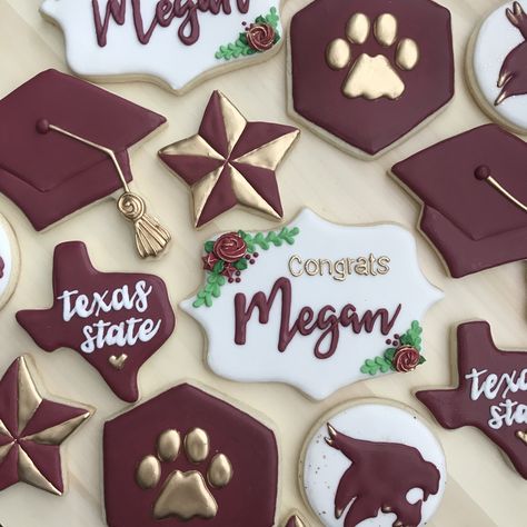 Texas State University Graduation Party, Texas State Graduation Party, Graduation Party University, Graduation Treats, Graduation Dinner, College Grad Party, Graduation Tables, Texas State University, Kids Graduation