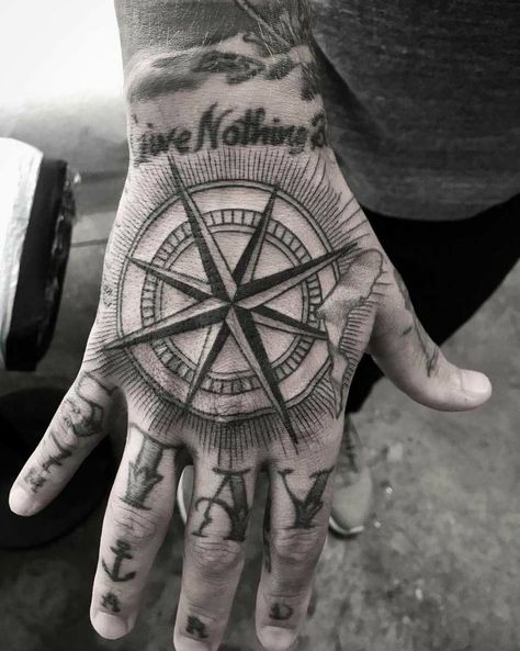 Compass Hand Tattoo, Simple Compass Tattoo, Compass Tattoo Men, Herren Hand Tattoos, Traditional Hand Tattoo, Full Hand Tattoo, Mandala Hand Tattoos, Skull Hand Tattoo, Tattoo Placements