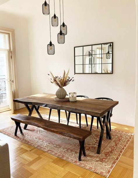 Wooden Dining Tables With Bench, Solid Wood Dining Table Rustic, Wood Bench Dining Table, Wood Dining Table Decor, Epoxy Dining Room Table, Bench Dining Set, Bench Dining Table, Dining Table Bench, Wooden Dining Table Designs