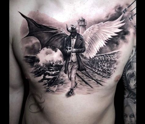 Angel Demon Tattoo, Good And Evil Tattoos, Angel Devil Tattoo, Archangel Tattoo, Evil Tattoo, Black Art Tattoo, Skull Sleeve Tattoos, Evil Tattoos