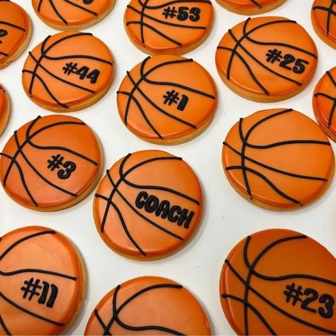 Basketball Cookies With Numbers, Basketball Senior Night Cookies, Basketball Cookies Ideas, Basketball Decorated Sugar Cookies, Basketball Royal Icing Cookies, Basketball Cookies Royal Icing, Basketball Cookies Decorated, Basketball Sugar Cookies, Sports Treats