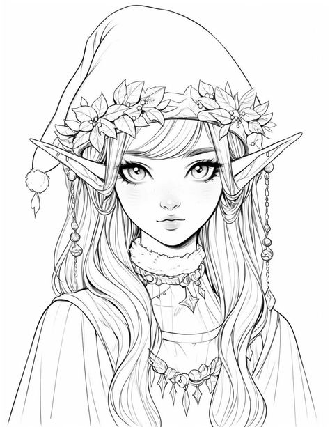 Crismas Coloring Pages, Christmas Elf Drawing Sketches, Christmas Fairy Drawing, Yule Coloring Pages, Christmas Girl Drawing, Christmas Angel Coloring Pages, Christmas Elf Drawing, Christmas Drawings Art, Coloring Pages Of People