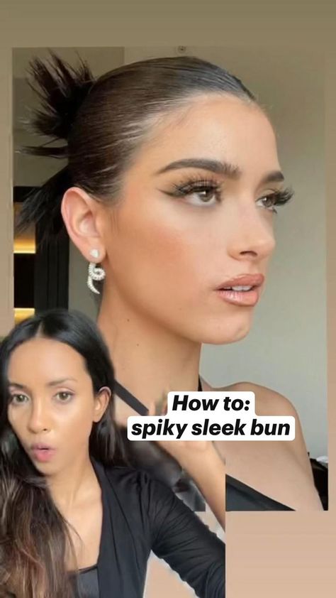 How To Slick Bangs Back, Slicked Back Straight Hair Prom, Slick Back Model Bun, Slick Back 90s Hair, Slik Hairstyles High Bun, Festival Hair Slick Back, Round Face Slick Hair, Slick Bun Long Hair, Spiky Bun For Long Hair