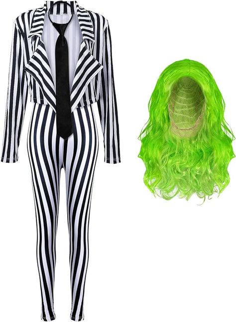 Beetlejuice, Beetlejuice Beetlejuice! The perfect costume that includes a wig! Beetlejuice Halloween Costume, Beetlejuice Halloween, Beetle Juice, Beetlejuice Beetlejuice, Black And White Pants, Green Wig, Tie For Women, Dress Up Day, Black Neck