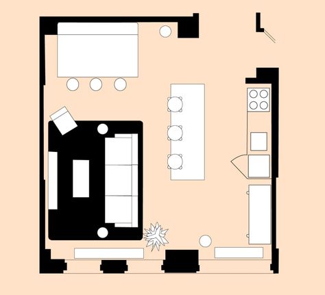 4 Living Room Layout For a Small Open-Plan Space One Wall Kitchen And Living Room, Open Space Living Room And Kitchen Square, Living And Dinner Room Ideas, Sofa Open Plan Kitchen, Couch Separating Dining Room, Open Living Room Layout Apartment, Open Plan Square Kitchen Living Room, Small Living Room Ideas With Dining Area And Kitchen, Open Plan Living Room And Kitchen