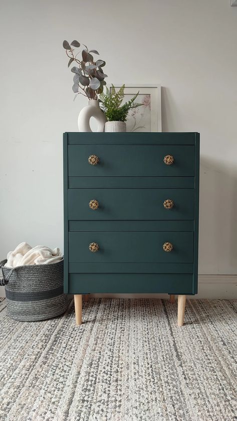 This will look beautiful in a bedroom or office. It comes with 3 drawers.

This is a well made chest of drawers with dovetail joints used for the drawers. It has been painted in mineral paint with a hard wearing finish. The entire piece has been waxed to give it a luxury feel. This mid century piece has had an additional lift with new legs. Dark Green Chest Of Drawers, Dark Green Painted Furniture, Teal Chest Of Drawers, Green Chest Of Drawers, Upcycled Chest Of Drawers, Green Painted Furniture, Large Chest Of Drawers, Dwelling Place, Green Mid Century