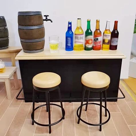 Mini Bar Counter, Mini House Diy, Bar Counter Chair, Photography Layout, Chair Miniature, Miniature Bar, Liquor Shelf, Counter Chair, Counter Chairs