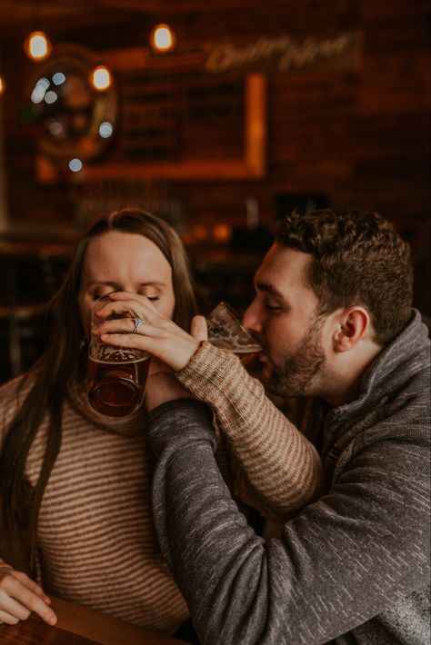 Engagement session at Castle Danger Brewery, Two Harbors Minnesota. Brewery Engagement session. Winter engagement session ideas. Brewery Pictures, Brewery Engagement Photos, Brewery Engagement Pictures, Brewery Photoshoot, Silly Engagement Photos, Two Harbors Minnesota, Prenup Shoot, Perspective Photos, Engagement Session Ideas