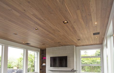 LONGPORT black walnut at Fire Island residence Ceiling Cladding, Conference Hall, Shou Sugi Ban, Fire Island, Ceiling Detail, American Black Walnut, Wall Cladding, Black Walnuts, Second Floor