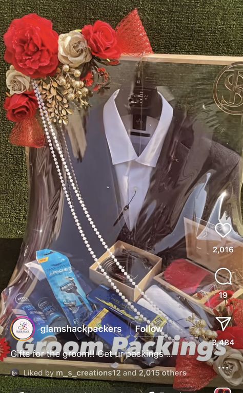 Groom Dress Packing Ideas Wedding, Wedding Gift Hampers, Wedding Gift Pack, Creative Wedding Gifts, Bridal Gift Wrapping Ideas, Packing Ideas, Velvet Dress Designs, Wedding Gifts Packaging, Lifestyle Ideas