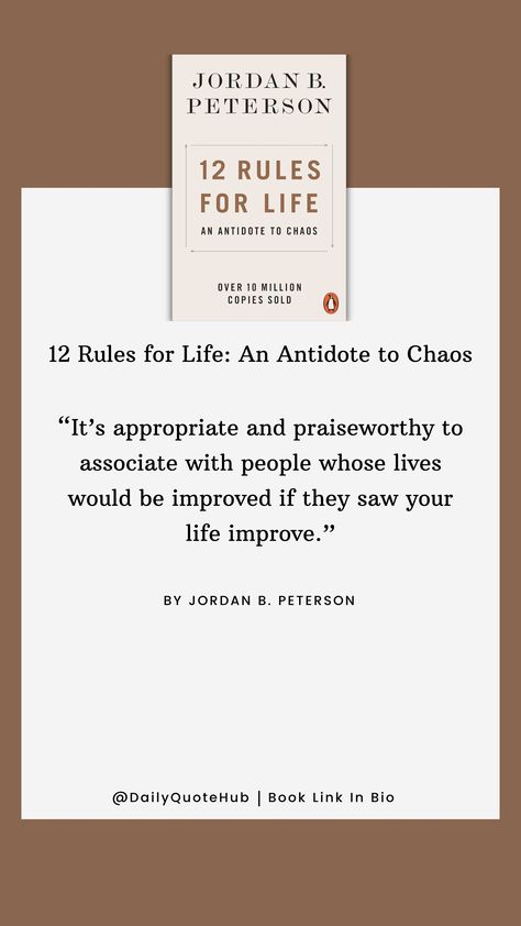 12 Rules for Life: An Antidote to Chaos by Jordan B. Peterson is a self-help book published in 2018. It offers practical advice through twelve life principles aimed at bringing order to chaos, touching on themes of personal responsibility, discipline, and meaning. #SelfHelp #LifeAdvice #JordanPeterson #PersonalDevelopment #12RulesForLife 12 Rules For Life Jordan Peterson, 12 Rules For Life, Life Principles, Rules For Life, Jordan B Peterson, Empowering Books, Jordan B, Personal Responsibility, Jordan Peterson