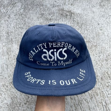 VINTAGE Asics Sport the universal language Hat Reference, Sports Merch, Vintage Asics, Graphic Design Images, Universal Language, Vintage Cap, American Sports, Vintage Branding, Archipelago