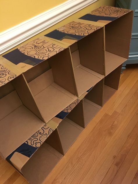 DIY Shelving from (gasp!) Cardboard Boxes?! – A Bunch of Craft Cardboard Box Storage, Cardboard Box Diy, Carton Diy, Diy Storage Shelves, Cardboard Storage, Diy Dresser Makeover, Diy Bird Bath, Diy Storage Boxes, Box Shelves