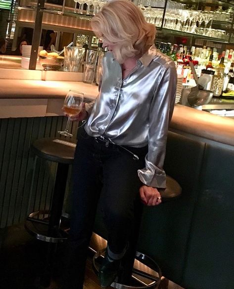 Image may contain: one or more people, people sitting and indoor Metallic Blouse Outfit, Shiny Blouse, Satin Nightwear, Satin Bluse, Silky Shirt, Metallic Blouses, Gorgeous Blouses, Satin Blouses, Holiday Party Outfit