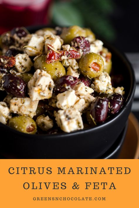 Olives and feta are marinated in olive oil, spices, orange zest, and orange juice. Citrus Marinated Olives and Feta are a super easy – TEN MINUTE – appetizer that is super tasty! #olives #marinatedolives #citrusolives #feta #delicious #lunch | greensnchocolate.com @greenschocolate Christmas Appetizer Recipes, Blue Cheese Stuffed Olives, Christmas Appetizers Easy, Marinated Olives, Olive Recipes, Christmas Recipes Appetizers, Christmas Appetizers, Appetizer Dips, Christmas Recipes