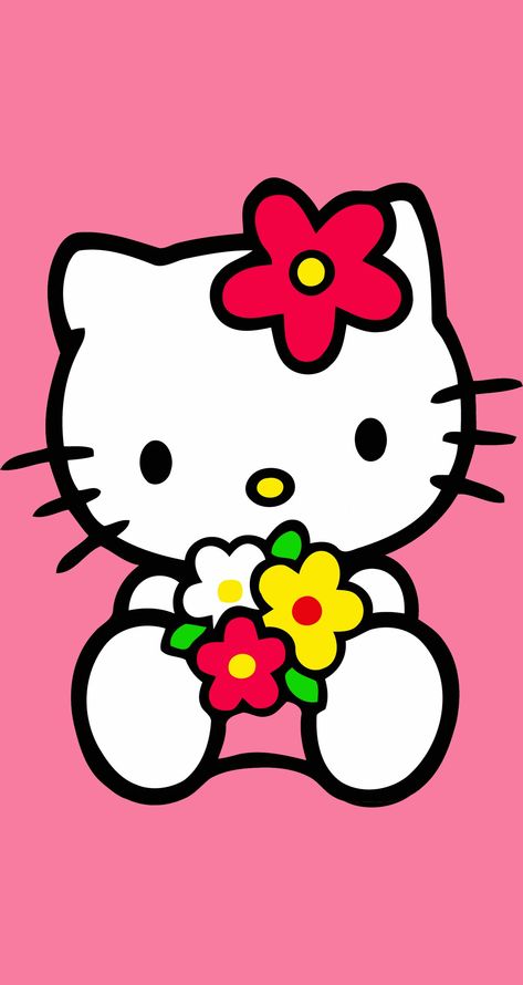 Hello Kitty Flower Wallpaper, Hello Kitty Holding Flowers, Cute Hello Kitty Pictures, Hello Kitty With Flowers, Hello Kitty Flowers, Hello Kitty Birthday Theme, Spring Drawing, Hello Kitty Wallpaper Hd, Buddha Art Painting