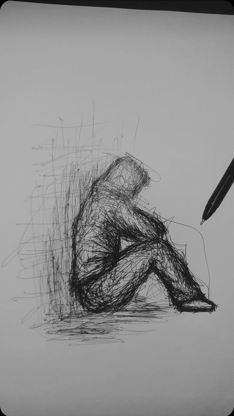 Monophobia Drawing, Phobia Drawing Ideas Easy, Full Of Thoughts Drawing, Scared Person Drawing, Dark Scribble Art, Dysmorphophobia Art, Messy Drawings Sketches, Messy Line Art, Suffering Artwork