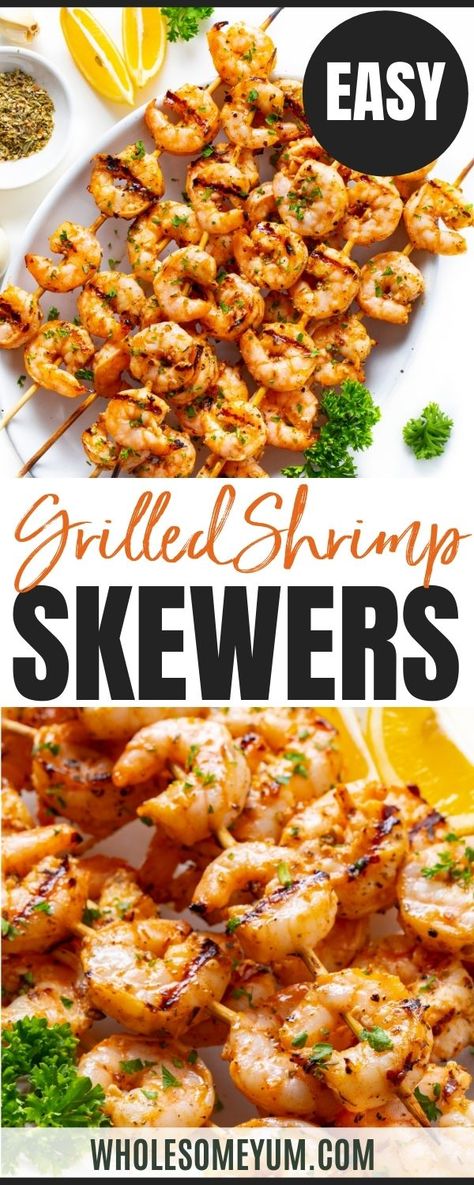 This grilled shrimp skewers recipe is so EASY and flavorful! Learn how to grill shrimp skewers perfectly every time, and get the best marinade for BBQ garlic shrimp skewers. #wholesomeyum Garlic Shrimp Skewers, Grill Shrimp, Easy Grilled Shrimp Recipes, Best Marinade, Shrimp Skewer Recipes, Grilled Shrimp Skewers, Grilled Seafood Recipes, Grilled Shrimp Recipes, Shrimp Skewers