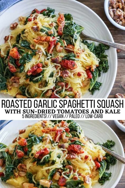 Roasted Garlic and Kale Spaghetti Squash with Sun-Dried Tomatoes - The Roasted Root Whole30 Pasta Recipes, Fresh Jalapeno Recipes Healthy, Whole 30 Italian Recipes, Healthy Gallbladder Recipes, Spaghetti Squash Vegan Recipes, No Carb Vegetarian Recipes, No Carb Recipes For Dinner, Healthy Dinner Recipes For Diabetics, Lazy Healthy Dinner