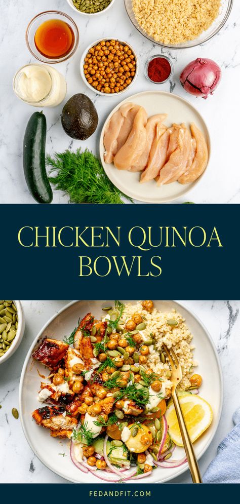 Chicken Quinoa Bowl with Crispy Chickpeas Chicken Quinoa Recipes, Chicken Quinoa Bowl, Fluffy Quinoa, Honey Chipotle Chicken, Power Bowl Recipe, Chicken Chickpea, Chicken Bowl Recipe, Chicken Crispy, Best Meals