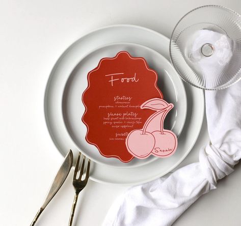 This is the perfect menu to host your next dinner party or bestie bachelorette! Oval wave menu & cherry shaped place card templates, mon cheri bachelorette party, cherry themed table decor, pink red cherry place cards, cherry name card, wavy border menu, cherry illustration, editable dinner menu, fun unique place cards Elevate Your Event with Effortless Elegance  Our editable templates are not just an invite, a menu or a sign; they are a statement piece that sets the tone for an unforgettable so Place Card Template, Red Cherry, Mon Cheri, Font Types, Place Card, Design Skills, Name Cards, Place Cards, Card Templates