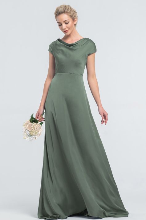 Modest LDS Simple Moss Green Satin Bridesmaid Dresses High Neck Bridesmaid Dresses Satin, Emerald Green Satin Dress Bridesmaid, Modest Bridesmaid Dresses With Sleeves Green, Modest Satin Gown, Forest Green Silk Bridesmaid Dresses, Elegant Modest Bridesmaid Dresses, Satin Bridesmaid Dresses Modest, Modest Satin Bridesmaid Dresses, Conservative Bridesmaid Dresses