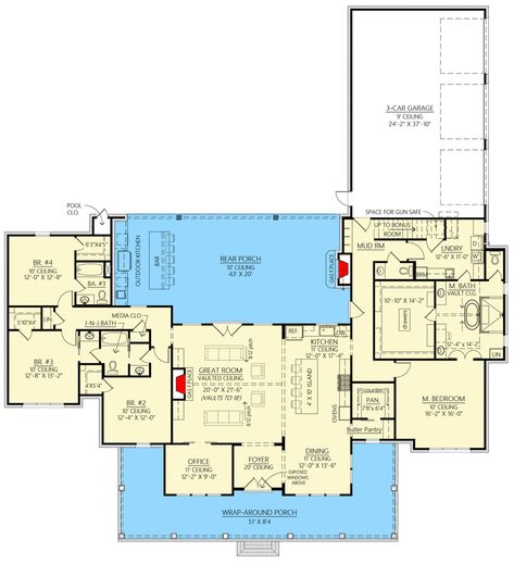 House Plans For Entertaining Open Floor, Rancher House Plans Open Floor, U Shaped Floor Plans, Split Bedroom Floor Plans, Farmhouse Open Floor Plan, Room Floor Plan, Vaulted Great Room, Amazing Houses, Farmhouse Floor Plans