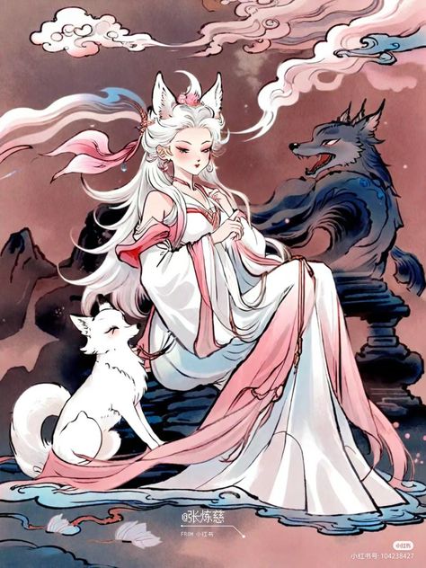 Inari Goddess, Gumiho Art, Kitsune Character Design, Kitsune Geisha, Kitsune Drawing, Pink Kitsune, Kitsune Tail, Kitsune Character, White Kitsune